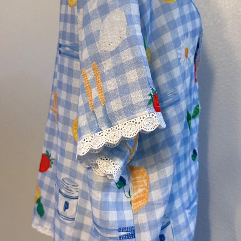 Gingham Fruit Print Coquette Mixed Media Button Up Shirt Grandma Women L Blue - Picture 2 of 6